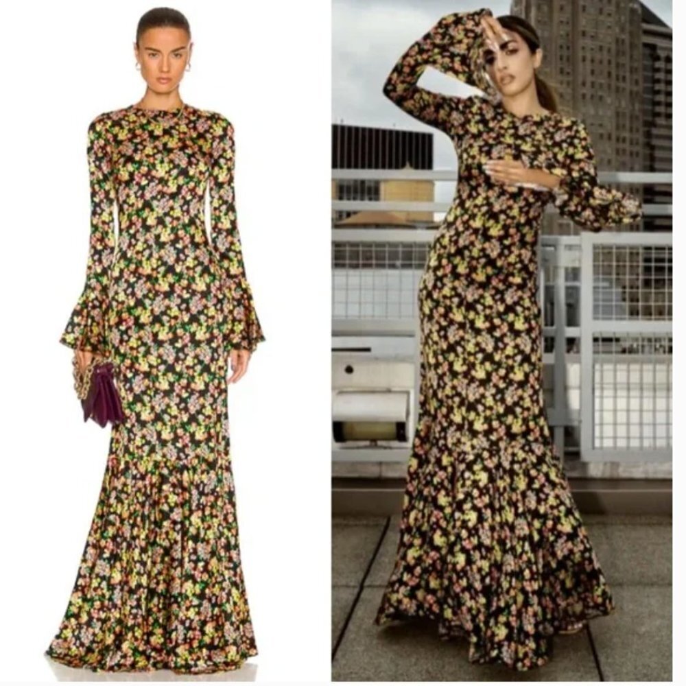 Caroline Constas Allonia Gown Silk Fluted Sleeves Floral Multicolor Size XS